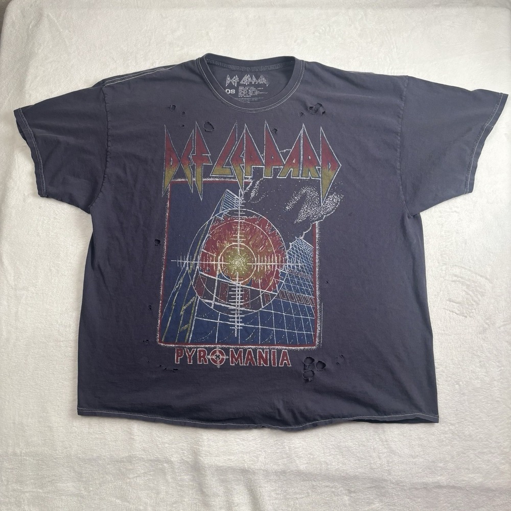 Def Leppard Pyromania Blue Short Sleeve Graphic Band Shirt Distressed OS Women's
